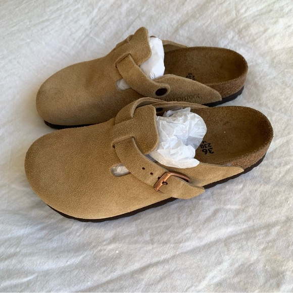Birkenstock Boston Suede Leather Clog Slip Ons Shoes Latte Cream - Picture 2 of 9